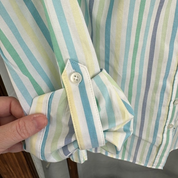 Talbots Plus Size 1X Striped Button Up Shirt 100% Cotton Roll Tab Sleeves EUC - Picture 4 of 8